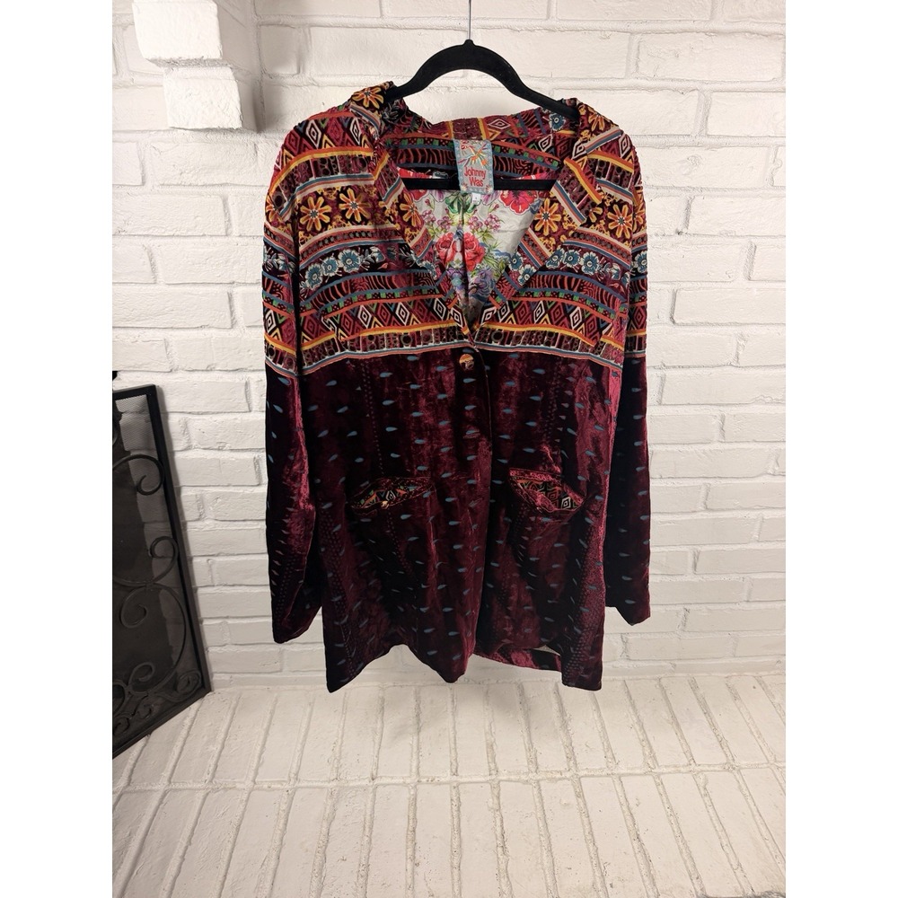 Johnny Was L Velvet Silk Blend Patchwork Jacket Burgundy Boho Floral Hooded